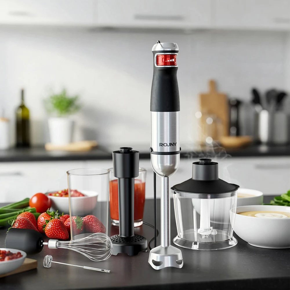 ROUNY 6-in-1 Multifunktions-Stabmixer, Max. 1500W Stabmixer mit Edelstahlklingen für Haushalt und Küche