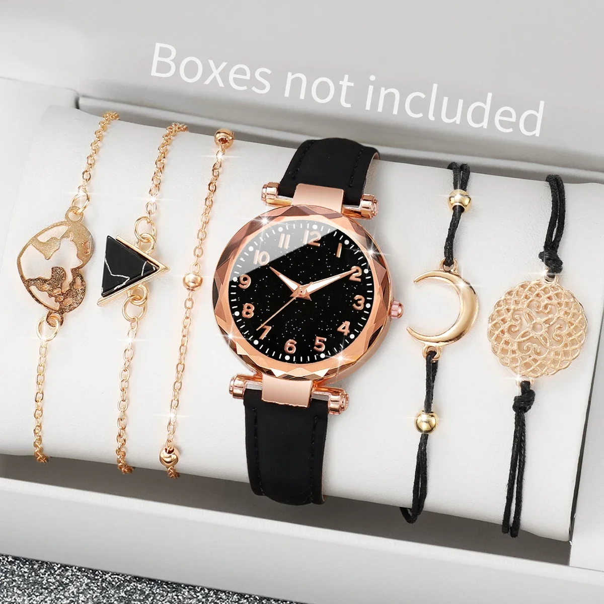 6-piece set of women's fashion watches with starry sky Arabic numeral dial, leather strap, quartz movement (without box)