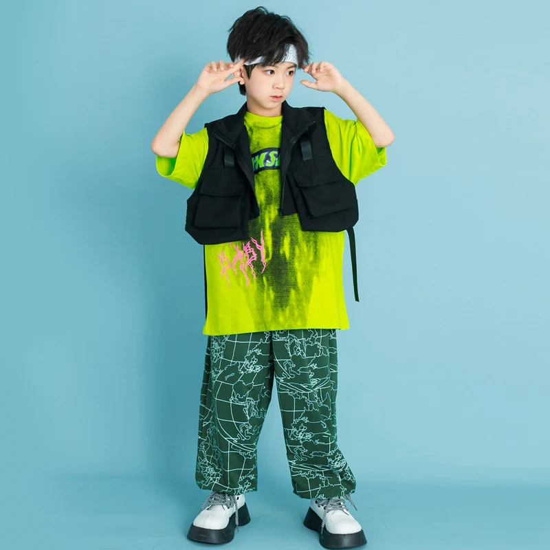 Kinder Ballsaal Hip Hop Kleidung schwarze Cargo Weste Top Print Jogger Hosen für Mädchen Jungen Jazz Tanz kostüme Teen Street Kleidung