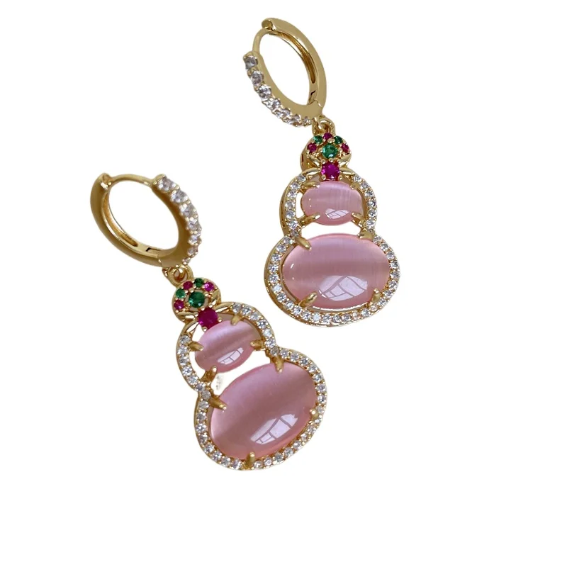 

Pink gourd earrings cute full score cat's eye zircon light luxury retro earrings