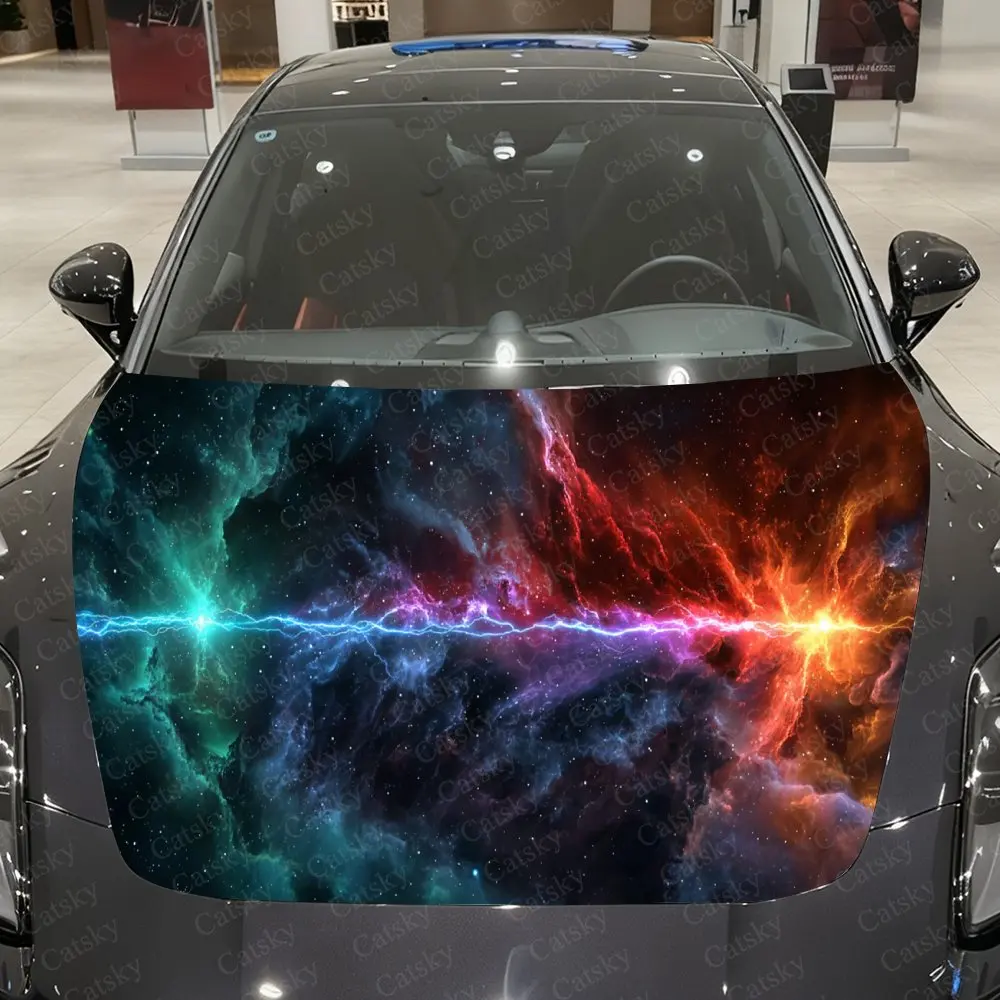 虹色の星雲渦巻きカービニールラップ、pvc防水カーフードステッカー、自己粘着性傷防止ステッカー