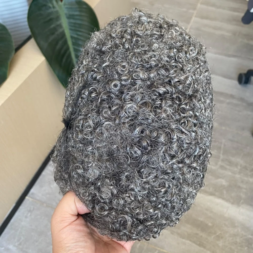 Black Men's 8mm Afro Curly Human Hair Durable Skin Hair Replacement Prosthesis Grey Hair 8mm Undetectable Natural Hairpieces