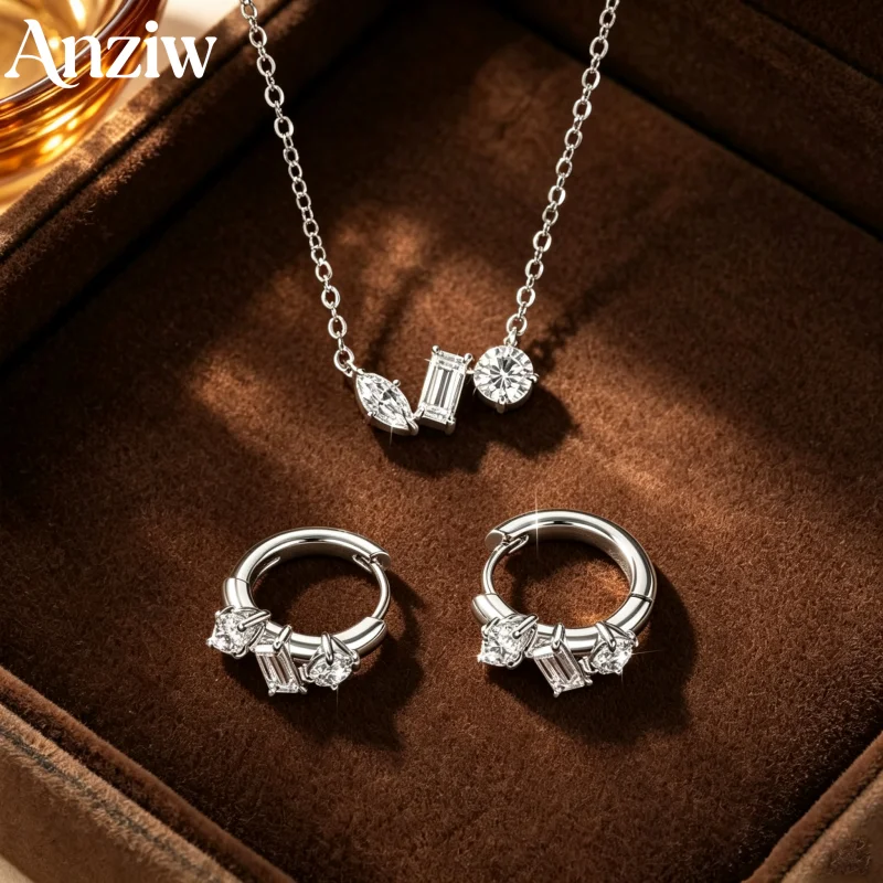 Anziw D Moissanite Asymmetric Personalized Three Stones Hoop Earrings & Necklace for Women 14K Gold Filled Wedding Jewelry Gift