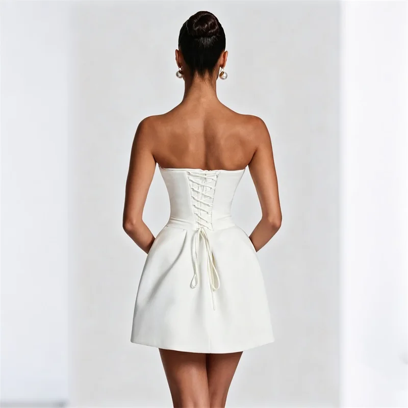 Sexy White Strapless Prom Gown With Gloves Sweetheart Neck Corset Lace‑Up Mini A‑Line Dress Formal Party Wedding Birthday Robe