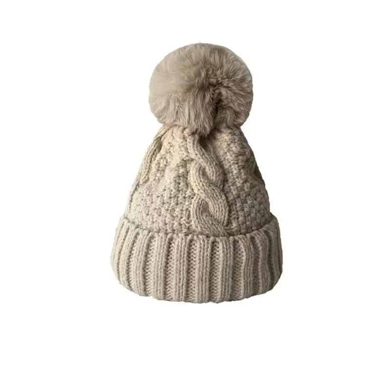 Women's Warm Knitted Hat with Large Pom Pom, Solid Color, Versatile, Lined and Thickened Woolen Cap for Autumn and Winter