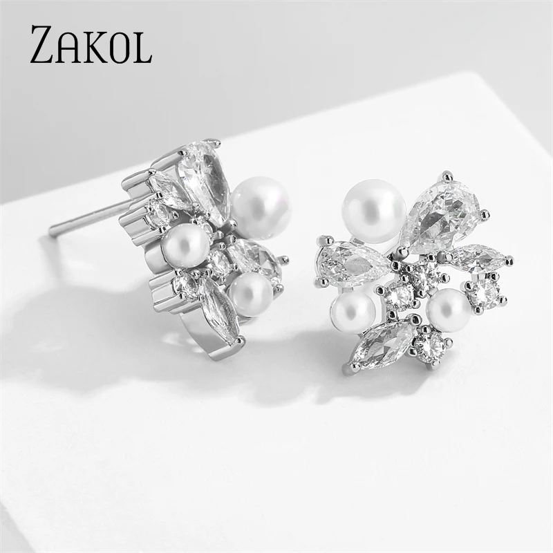 ZAKOL Korean Flower Shape Imitation Pearl Stud Earrings for Women Fashion Geometry White Zircon Earring Wedding Jewelry