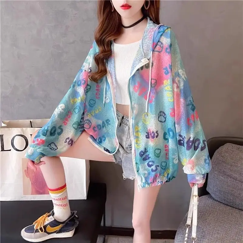 Women Coat UV-Protective Summer Jackets Sweatshirt Outerwear Lightweight Sheer Tie-Dye Mid-Length Hooded Casual Jacket Clothes