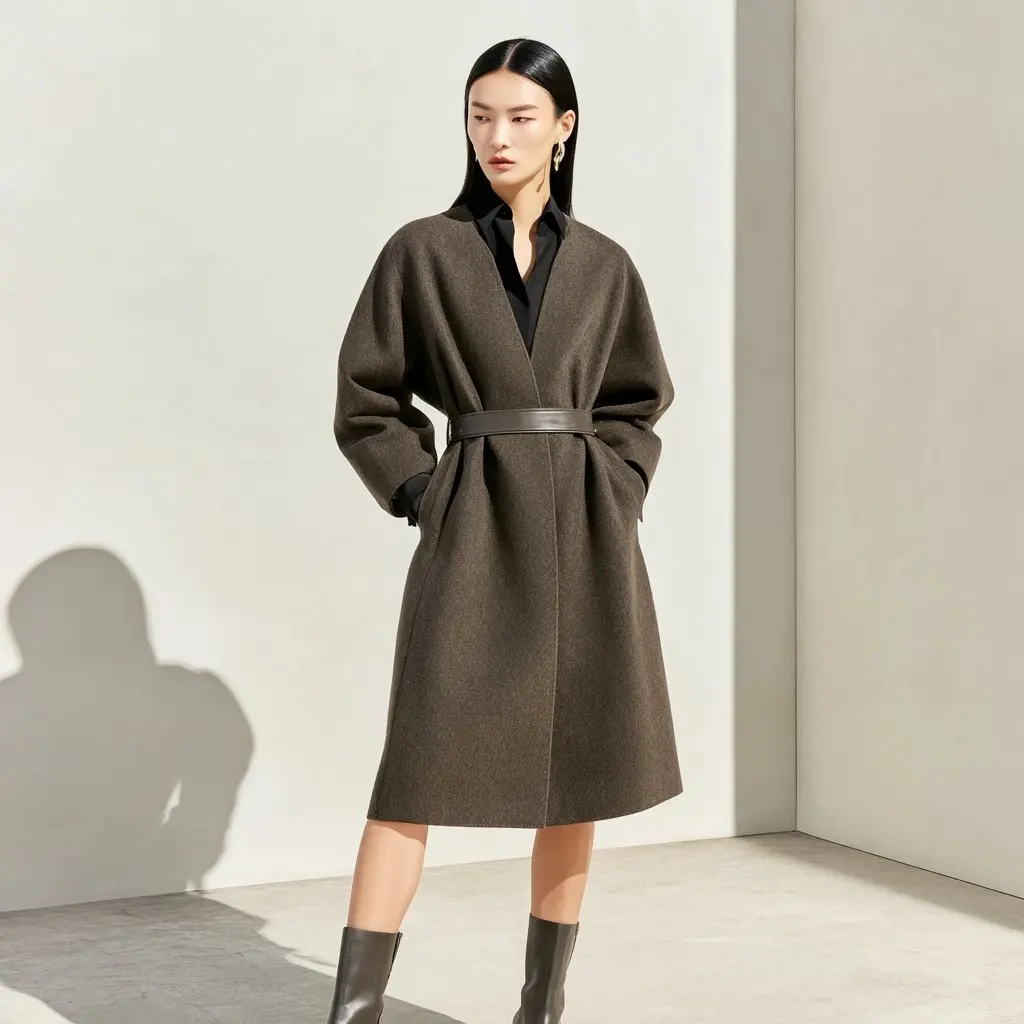 

Повседневное шерстяное пальто на осенне-зимний сезон. Модная женская верхняя одежда. Удобный стиль без украшения.