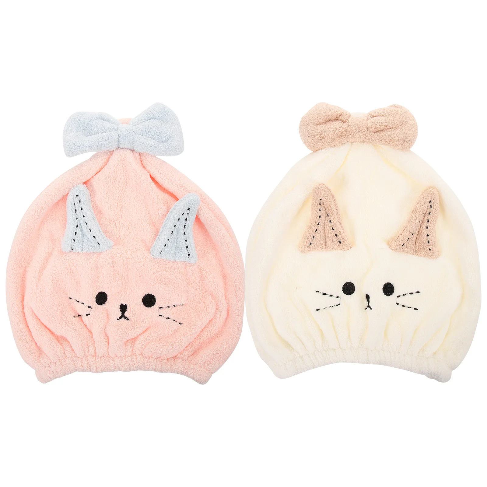 

2Pcs Hair Drying Caps Cartoon Style Soft Water Absorbent Fast Drying Shower Bath Cap Lovely Bowknot Long Ear Cat Design White