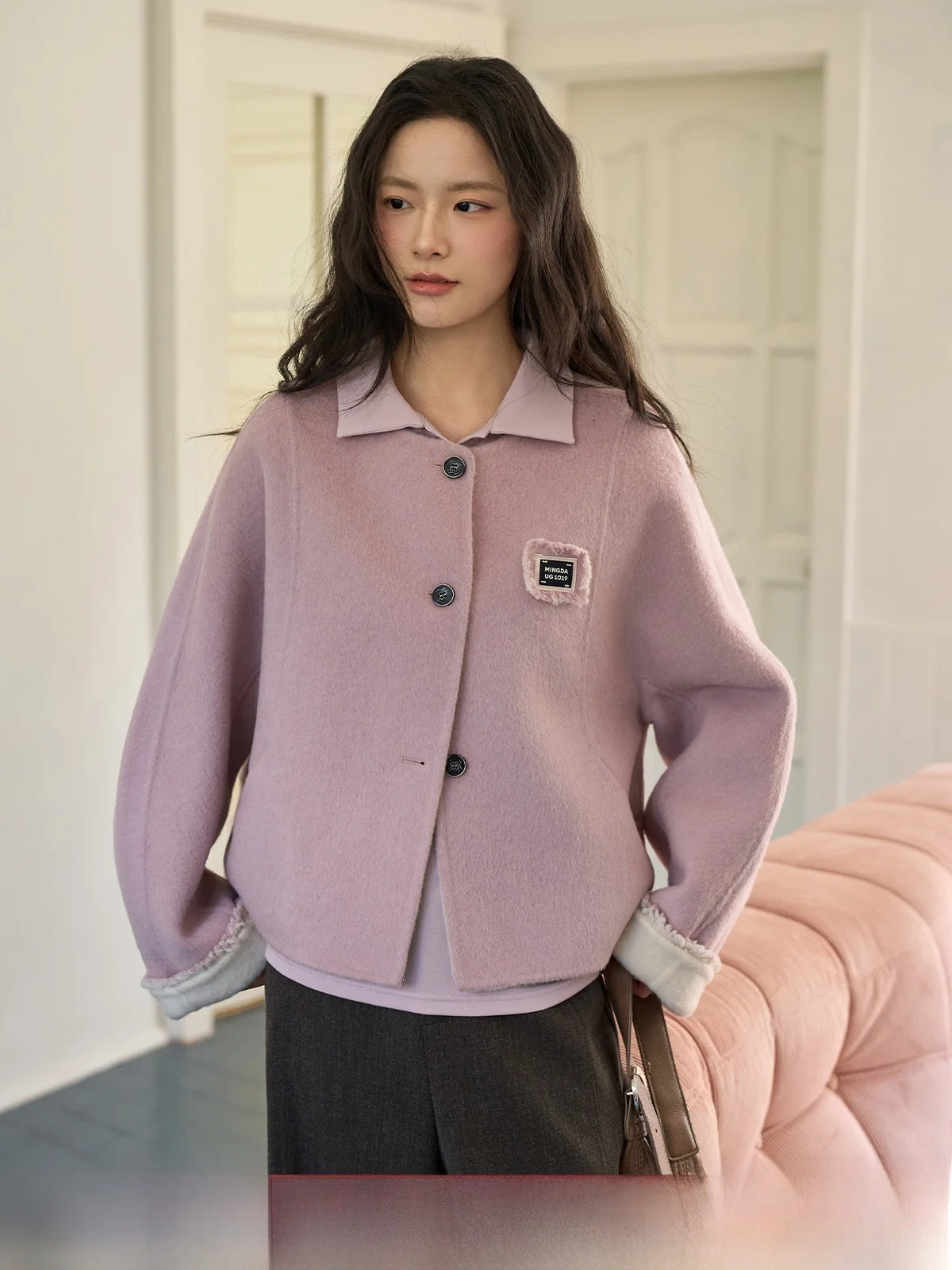 

Double-Sided Camere Woolen Coat Pink round Ne ort Women's Winter Faion Sensation Small Size Woolen Coat Casual Sle