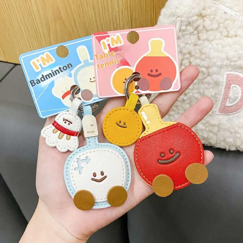 Cute Cartoon Racket Keychain Pendant, Kawaii Badminton Table Tennis Leather Strap Backpack Decor