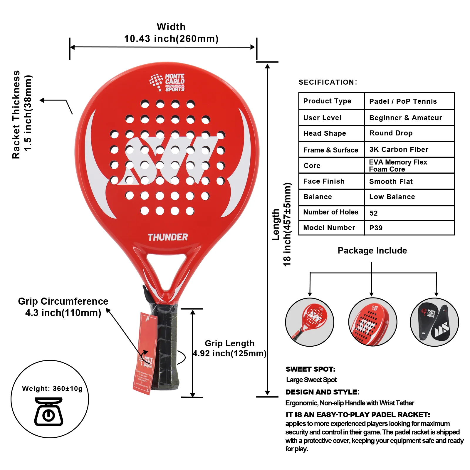 Lightweight Paddle Tennis Racket With Cover Precision Holes Carbon Padel Racket Suitable For Beginner To Advanced