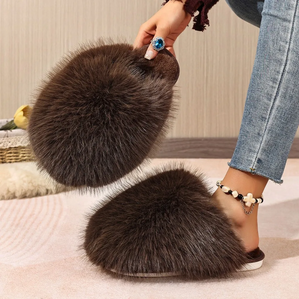 Winterfellige Damen-Hausschuhe, bequeme Flip-Flops, flache Pantoffeln, Indoor-Schlafzimmer-Plüschschuhe für Damen – Detail 18