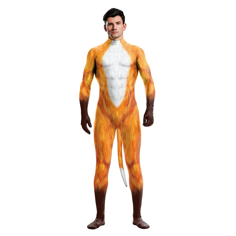 Sexy Cosplay Animal Skin Grain Print Costumes Unisex Full Cover Elastic Sex Party Bodysuits Zentai with Tail Gay Jumpsuits