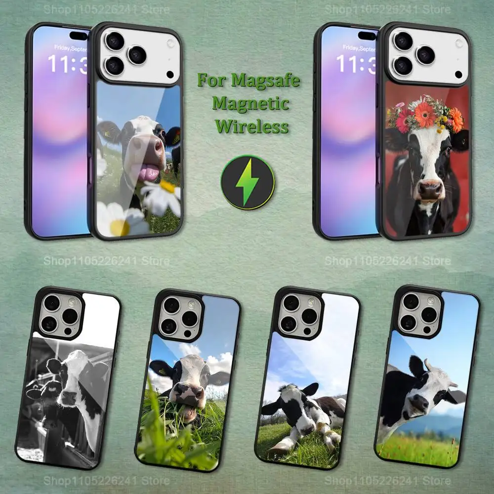 

Cute Black White Dairy Cows Phone For iPhone 17,14,11,15,16,13,12,Pro,Max,For Magsafe,Plus,Mini, Magnetic Wireless Charging Case