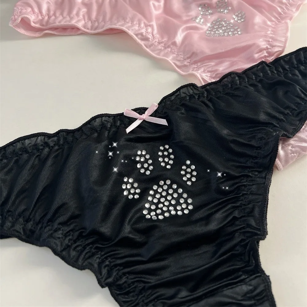 Fashion Lolita Cat Paw Panties Ice Silk Cotton Crotch Rhinestone Thongs Comfortable Low Waist Sweet Ruffle Briefs Women