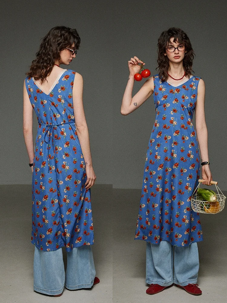 LITLECOT Blue Floral Print V-Neck Splice Strapless Midi Dress Women Summer New Style Slimming Skirt  Style Waist-Cinched