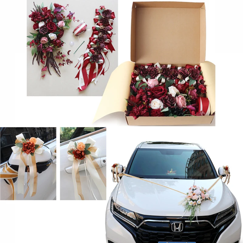 

Yannew 8pcs/Set Wedding Car Decorations kit Flowers Champagne Aftificial Rose with Ribbon for Car Mirror Door Handle Decor Party