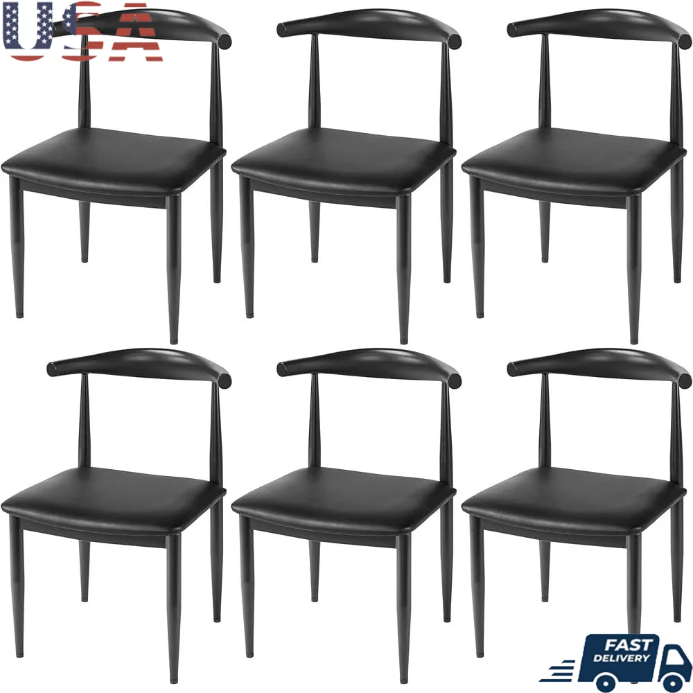 Mid Century Modern Dining Chairs Set of 6 Armless with Backrest Ergonomic Design Metal Legs PU Leather Easy Assembly Kitchen