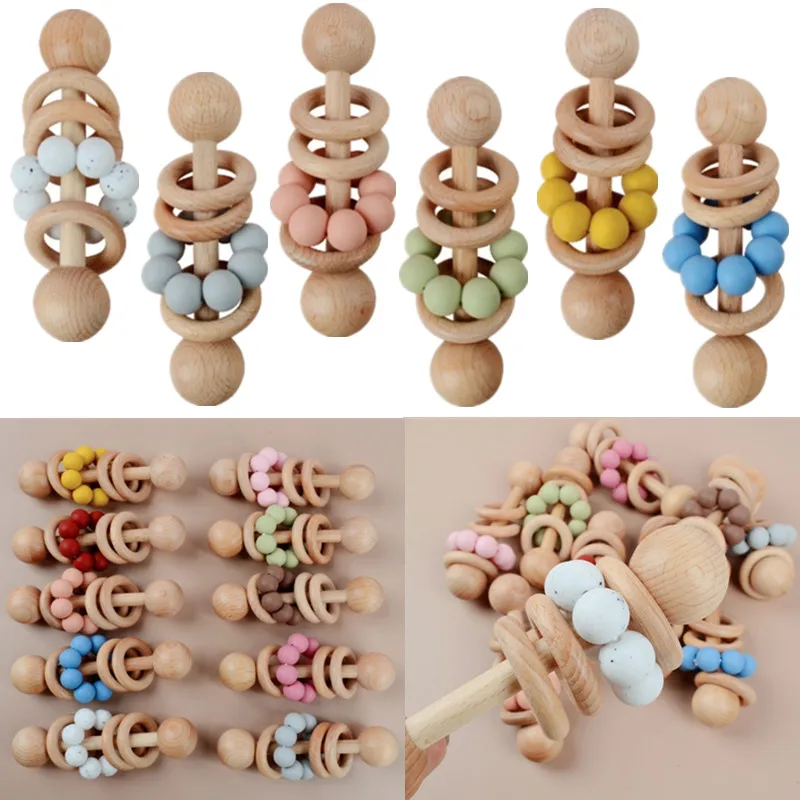 Safe Beech Wooden Baby Rattle Hand Bells Toys BPA Free Silicone Beads Newborn Chewing Shaking Mobile Rattle Baby Sensory Toy