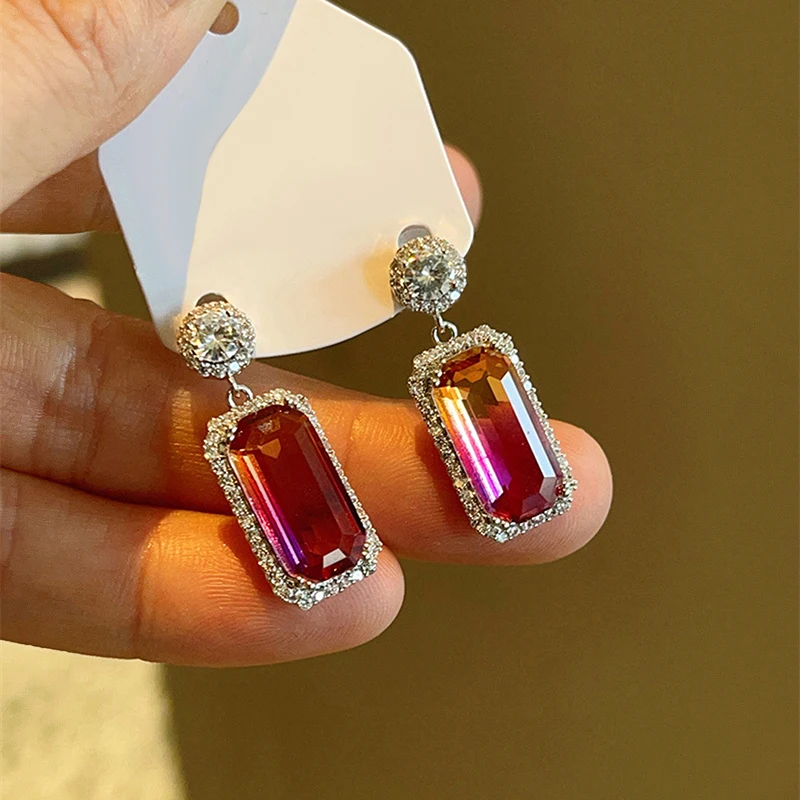 Huitan Gradient Zirconia Rainbow Stone Pendant Earrings Delicate Luxury Jewelry for Anniversary Party Chic Exquisite Accessories