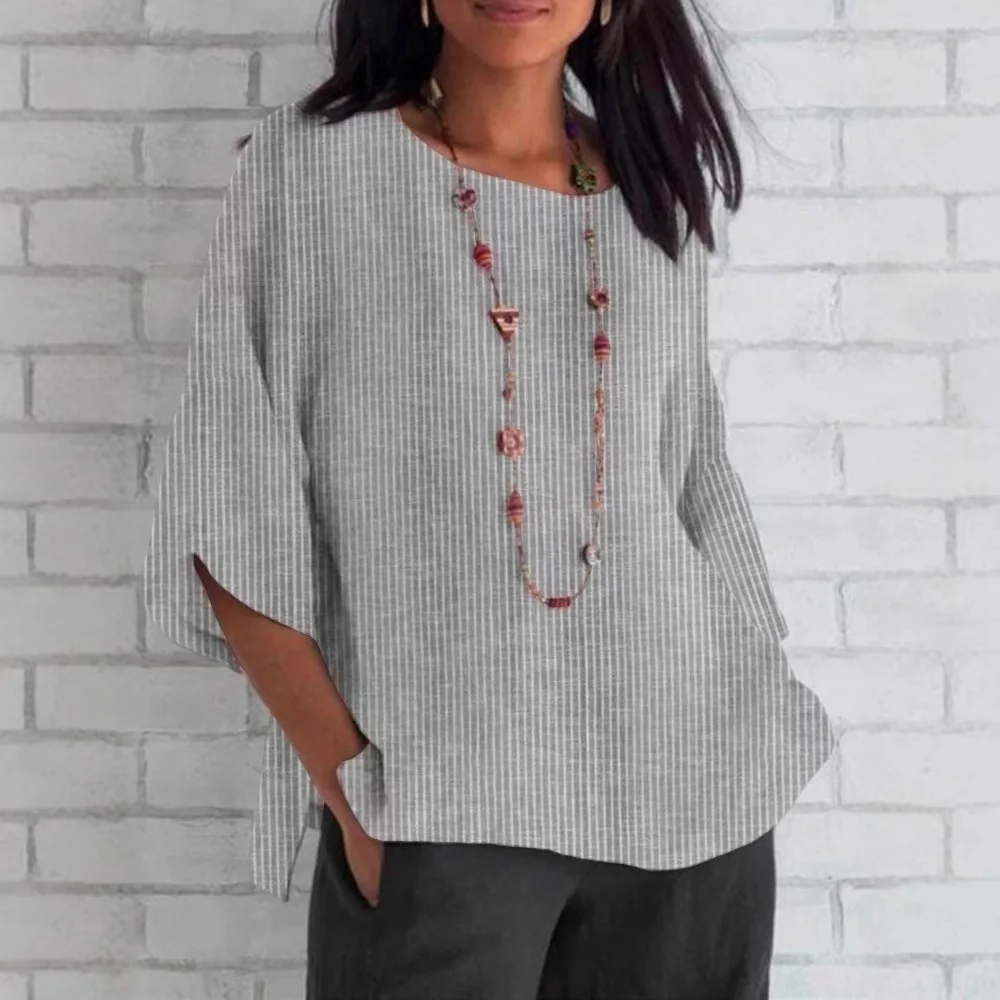 

Cotton Blouse Shirts Summer O-Neck Three Quarter Loose Casual Blouse Tops Summer Cothes For Women Streetwear