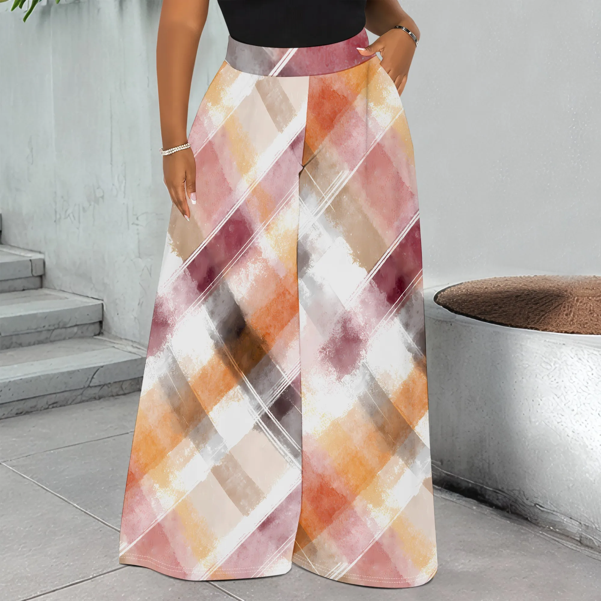 Plaid Print Wide Leg Pants, Watercolor Check Trousers, Soft Palazzo Pants for Women, Casual Daily Wear, S-2XL