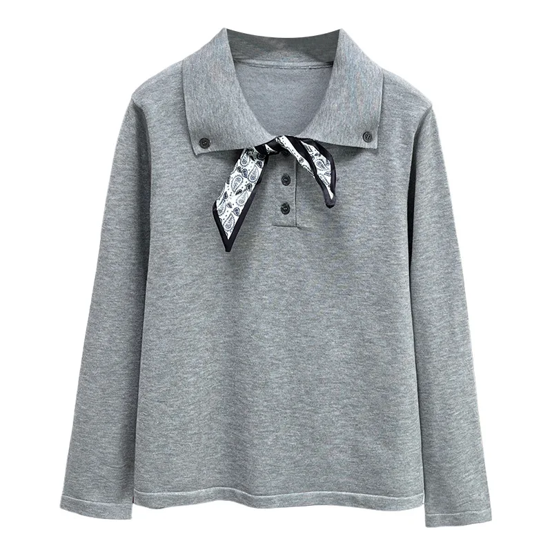 

XXXL модный женский свитер больших размеров, осенний новый стиль, свежий шелковый шарф, вязаные джемперы на шнуровке, элегантный топ с лацканами 3509