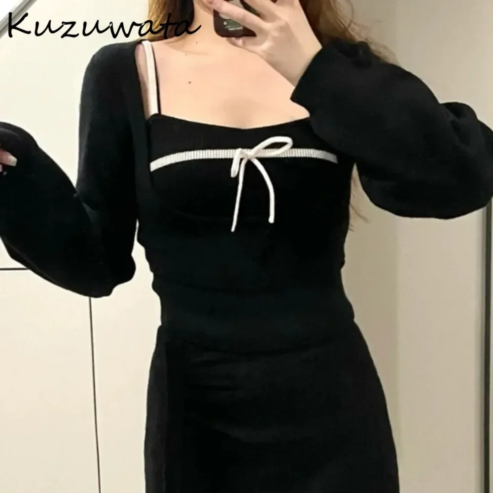 Kuzuwata Casual U Neck Pure Desire Style Sexy Swetry Knit All-match Spice Girls Streetwear Tops Japan Bow Pullover Pull Femme