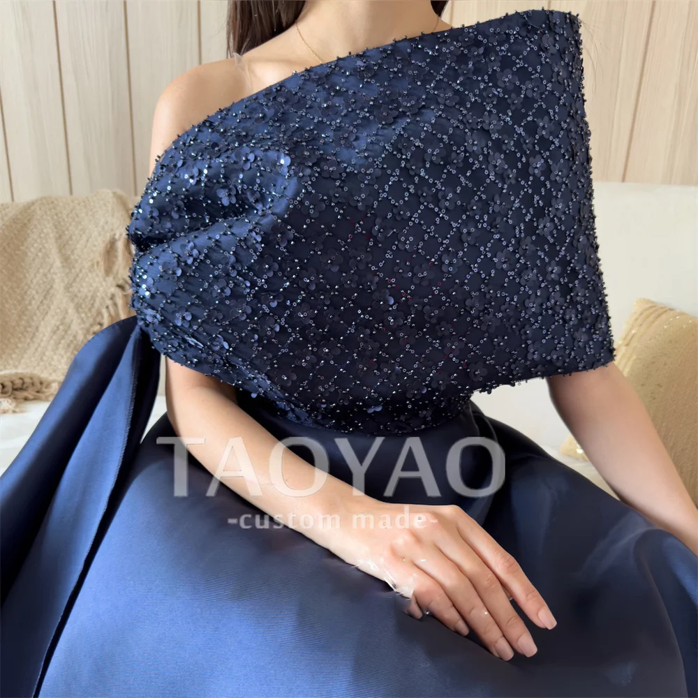 Charming A Line One Shoulder Evening Dresses Navy Blue Elegant Party Dresses With Sequins Prom Gowns Robe De Soirée Vestido