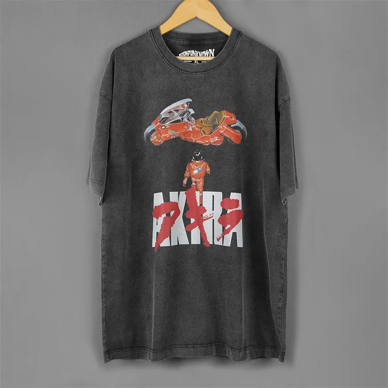 Washed Loose Fit American Style Men's T-Shirt Short Sleeve Long Sleeve Round Neck Cotton Akira Anime By Katsuya Eguchi