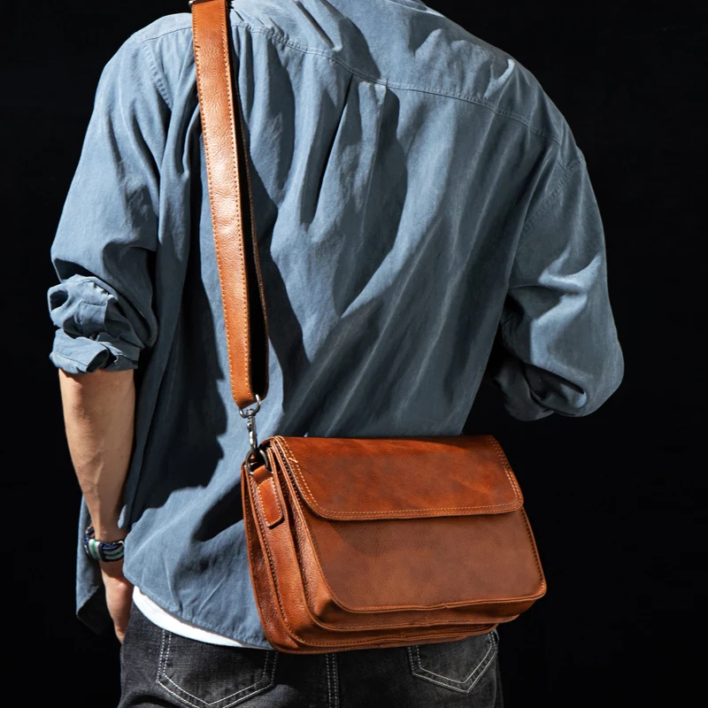 Original hand-rubbed leisure messenger bag vegetable tanned leather handbag leather retro men\'s Baotou leather shoulder bag