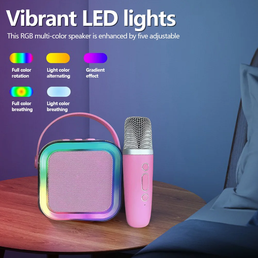 مكبر صوت كاريوكي لاسلكي بلوتوث 5.3 مكبرات صوت منزلية صغيرة مع ميكروفون لاسلكي قابل للتعديل أضواء LED مكبر صوت آلة الكاريوكي