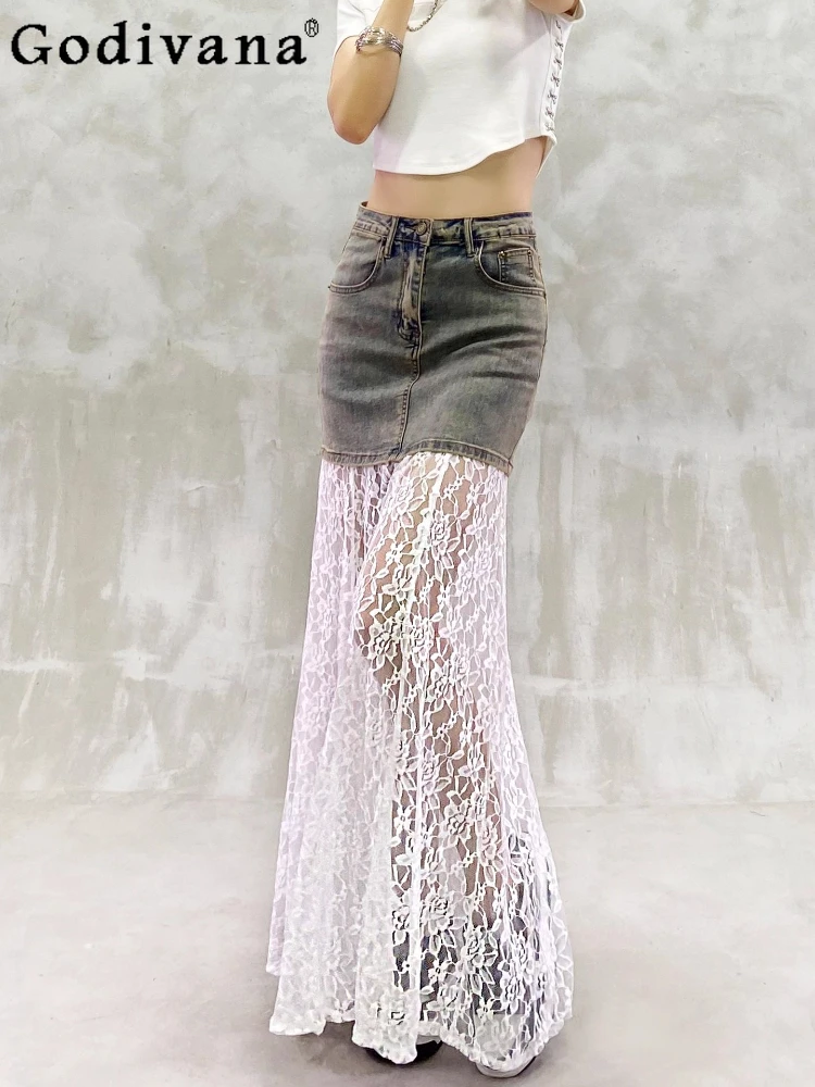

Elegant Lace Sexy Hollow Splicing A-line Simple Retro Fashion Denim Skirt Women's Summer New High Waist Versatile Long Skirts