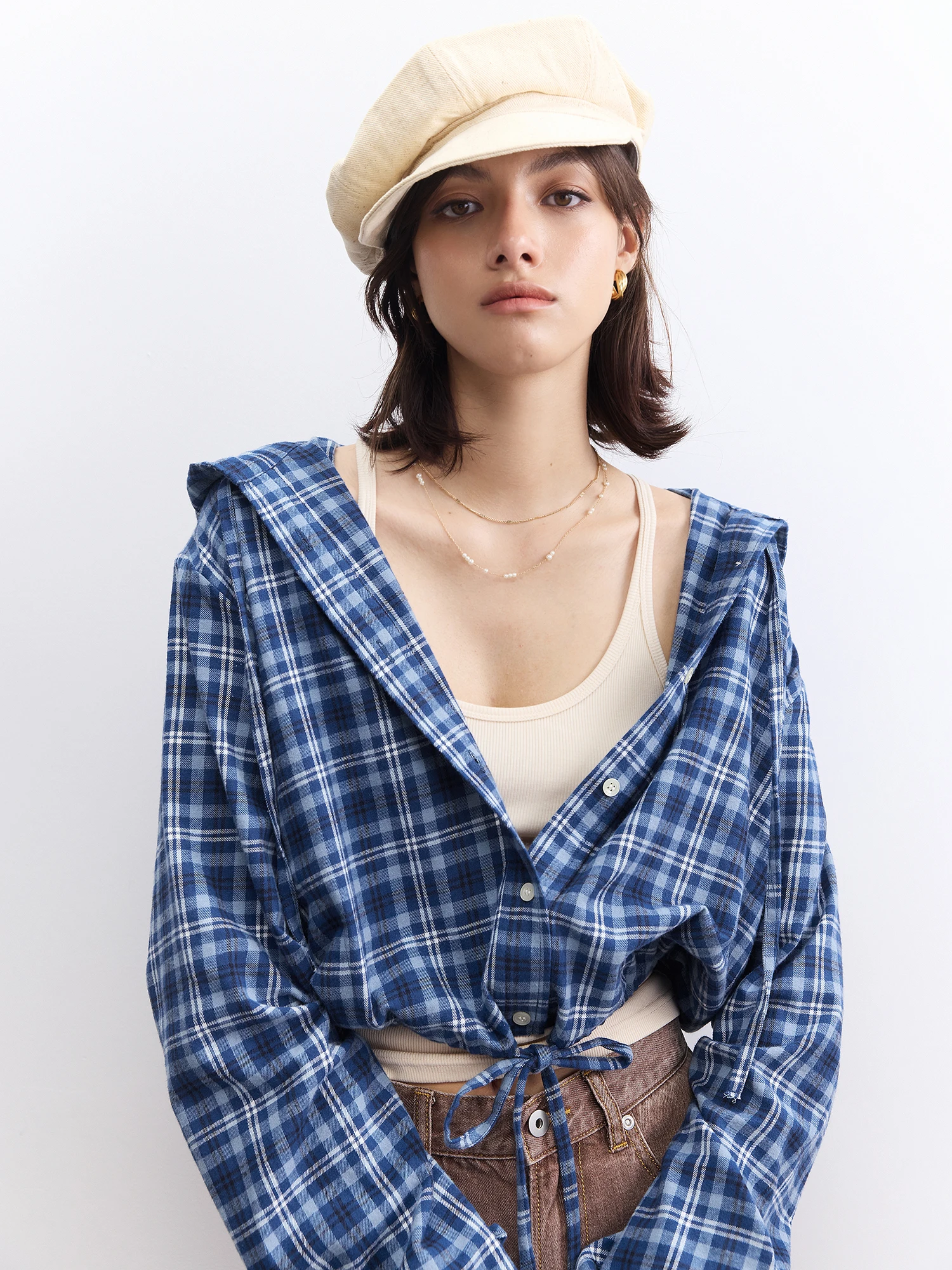 New 2024 Autumn Women Plaid Printed Cotton Cropped Shirt Hooded Lace Up High Street Chic Stunning Fashion Design Trendy Stylish