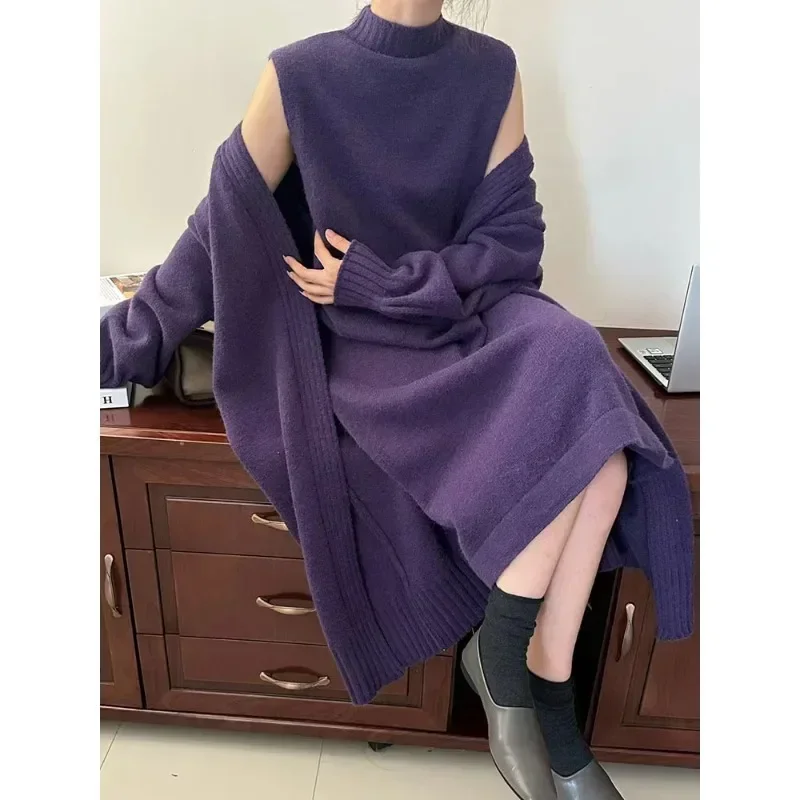 Suéter informal para mujer, conjunto de dos piezas, versión coreana de otoño e invierno, chaleco de cuello alto, falda, cárdigan de punto holgado, 2024