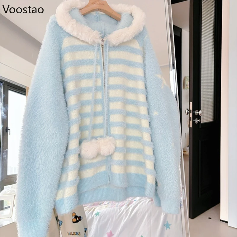 일본 카와이 로리타 스타일 니트 카디건 여성 가을 ​​겨울 달콤한 줄무늬 후드 스웨터 코트 여성 귀여운 느슨한 니트웨어