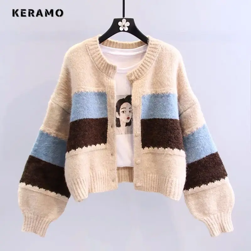 

2024 Autumn Winter Knitting Long Sleeve Cardigans Women Casual O-Neck Fashion Jumpers Striped Single Breasted Ladies Sweater
