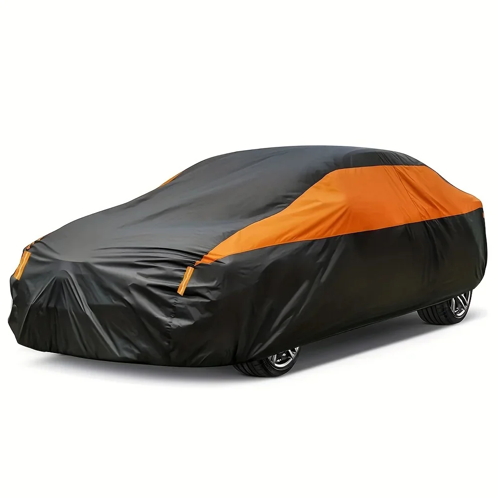 Universal Full Car Covers Outdoor Waterproof Sun Rain Snow UV Protection 190T Polyester Cover for Sedan Black Orange Splicing