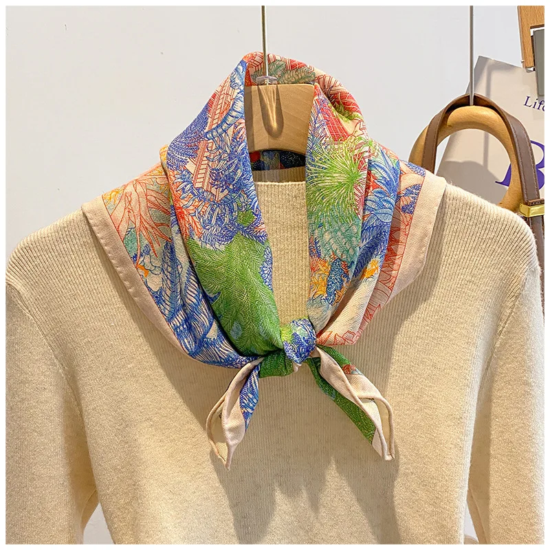 2027 Vintage Wool Silk Scarf for Women Bohemian Botanical Flower Print Bandana Neck Warmer Artistic Winter Accessory
