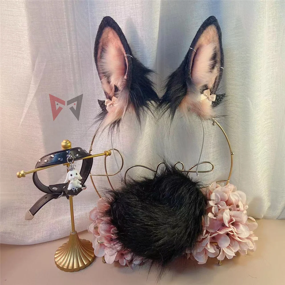 New Handmade Work Black Pink Bunny Rabbit Ears Hairhoop Tail Necklace Earrings Cosplay Lolita Acessories Headwear