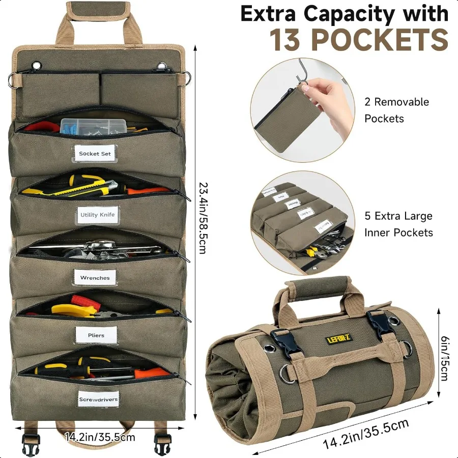 ツールバッグ 大型ロールアップツールバッグオーガナイザー 13ポケットツールロール収納ポーチ ヘビーデューティーポータブルツール収納キャリーバッグ（男性用）