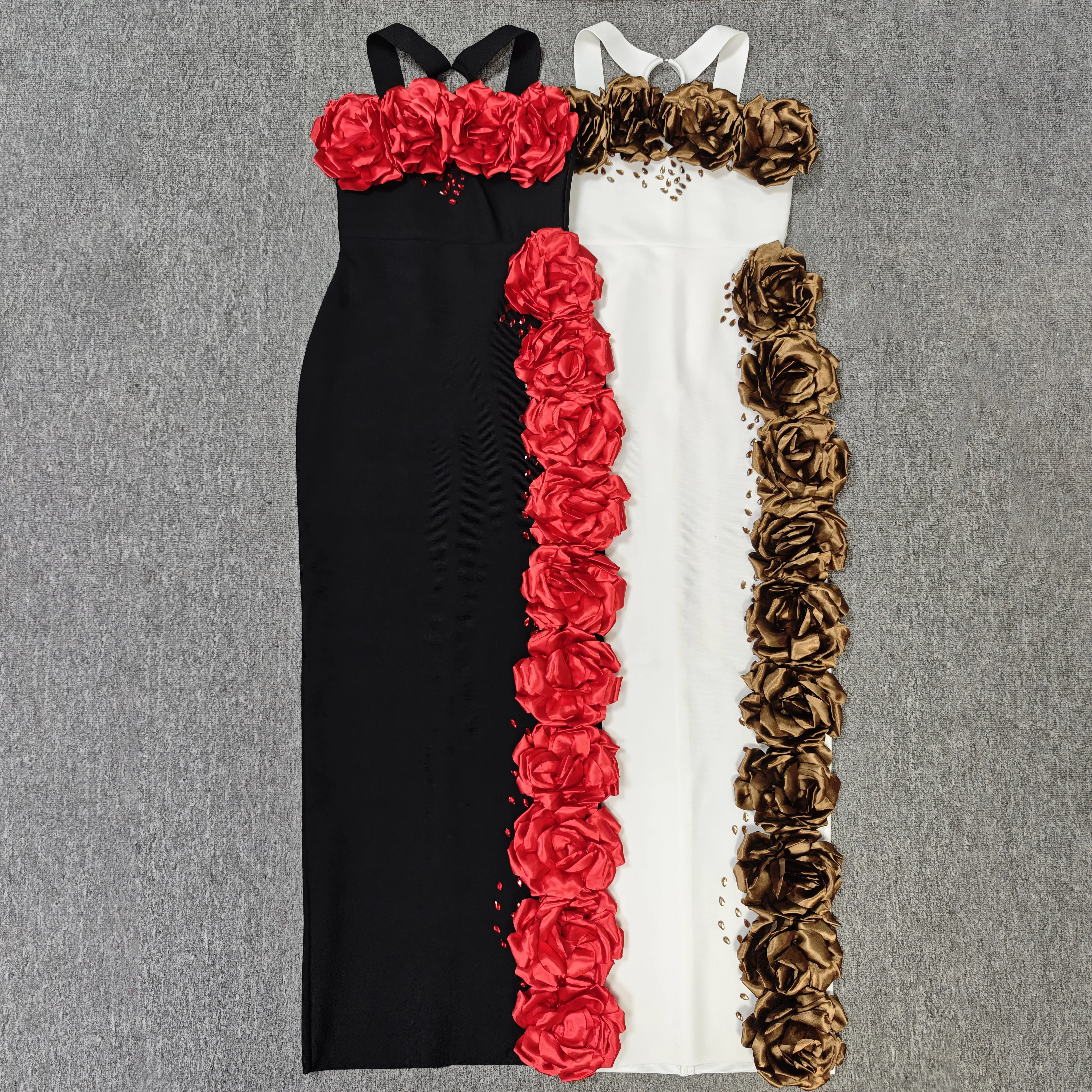 Nuevo vestido largo Bandage con flores de diamante blanco y negro de un hombro para mujer, vestidos elegantes de fiesta de noche para celebridades y cumpleaños de lujo