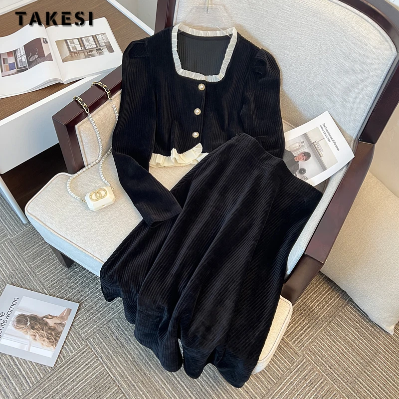 

2023 Autumn Vintage Elegant Corduroy 2 Piece Set Women Long Sleeve Square Collar Top + A-line Skirt Luxury Two Piece Skirt Set