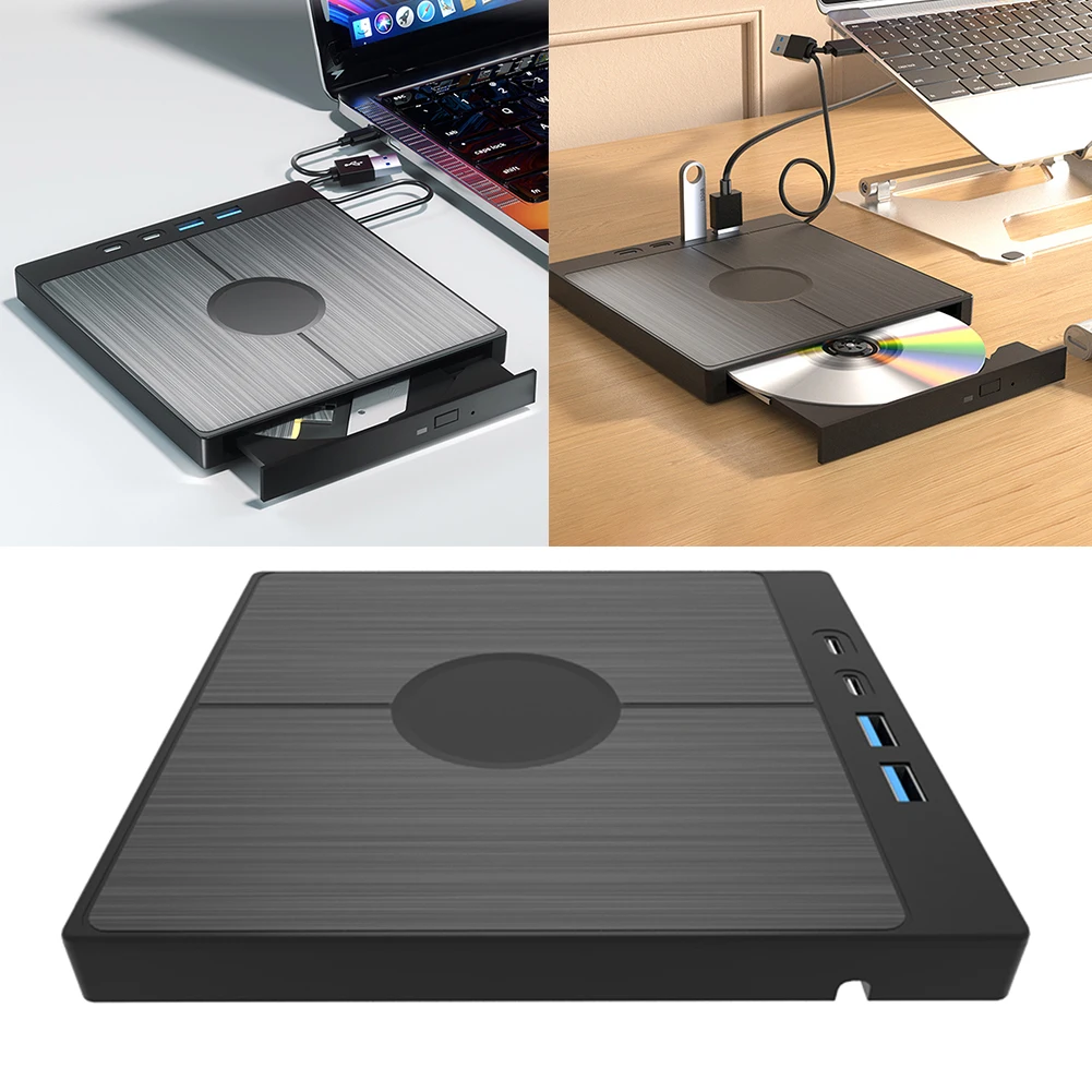 

7 in 1 External CD/DVD Drive CD/DVD Disk Drive Player Burner Reader Writer with 2 USB/Type-C Ports USB 3.0 for Laptop Desktop PC