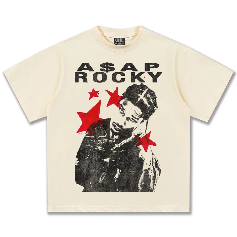 ASAP Rocky Red Stars Graphic T-Shirt Unisex Oversized Hip Hop Rapper Casual Cotton Short Sleeve Trendy Y2K Oversized For Daily