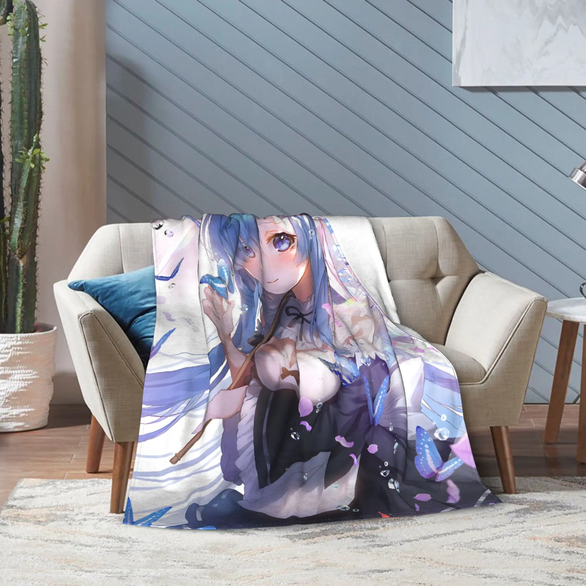 R-Re Zero Rem Anime Blankets Velvet Autumn/Winter  Multi-function Lightweight Thin Throw Blankets for Bed Car Bedspreads