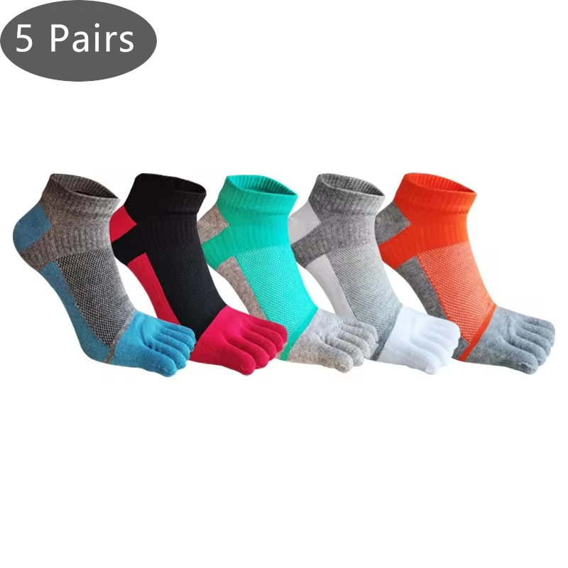 5 Pairs Toe Socks Man Cotton Mesh Breathable Splicing Colors Young Sweat-Absorbing Shallow Mouth Ankle No Show 5 Finger Socks