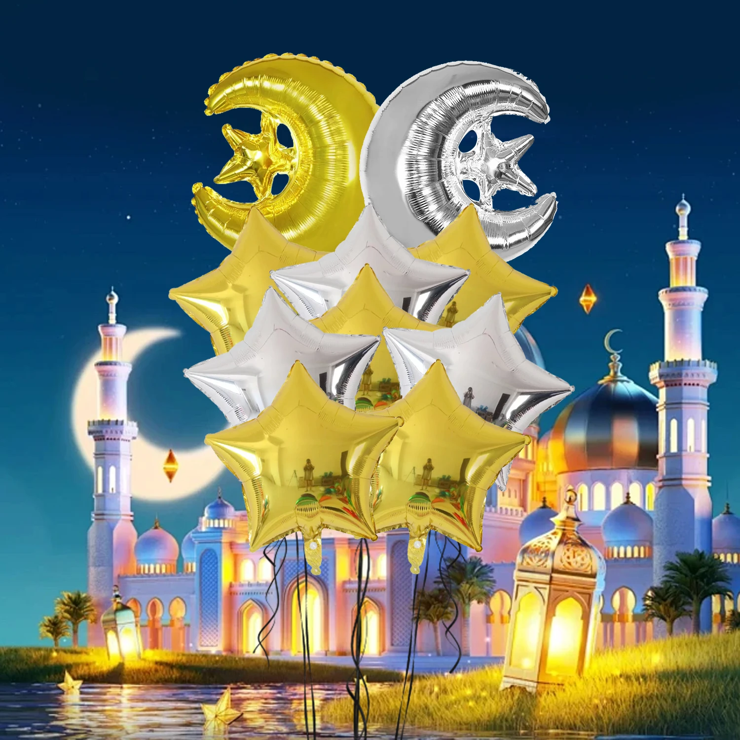 10 قطعة نجوم القمر احباط بالون مملوء بالهليوم عيد مبارك رمضان الديكور 2026 مسلم لوازم الحفلات الإسلامية رمضان كريم الهواء Globos