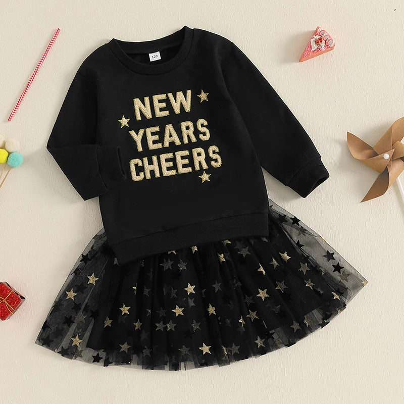 1-7Y Girl New Year Outfit Letter Embroidery Long Sleeve Sweatshirt Glitter Star Print Tulle Mesh Lace Skirt 2 Piece Children Set